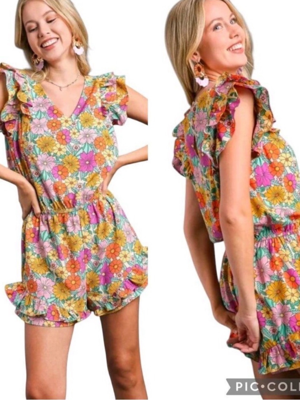 Umgee Pink Multi Floral Ruffle Sleeve One-Piece Romper